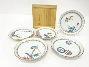 九谷焼　松本佐吉造　色絵　絵変わり　輪花皿　5客揃
